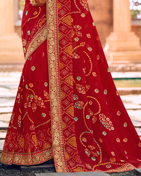 Dark Red Printed Georgette Bandhani Print Saree With Fancy Border
