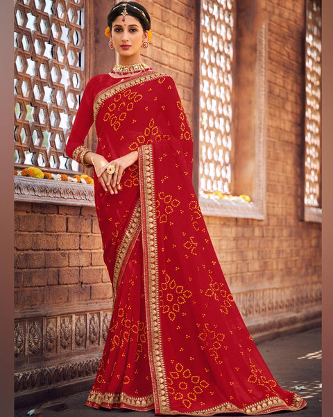 Dark Red Printed Georgette Bandhani Print Saree With Fancy Border