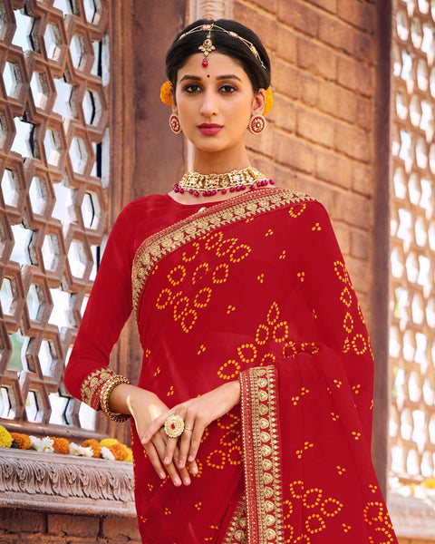 Dark Red Printed Georgette Bandhani Print Saree With Fancy Border