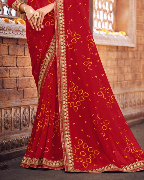 Dark Red Printed Georgette Bandhani Print Saree With Fancy Border