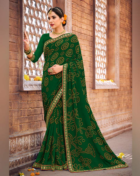 Dark Green Printed Georgette Bandhani Print Saree With Fancy Border