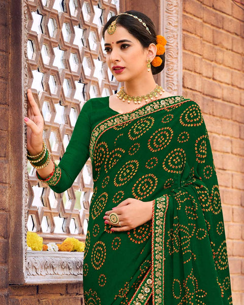 Dark Green Printed Georgette Bandhani Print Saree With Fancy Border