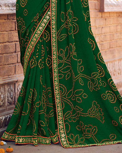 Dark Green Printed Georgette Bandhani Print Saree With Fancy Border
