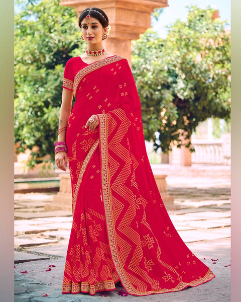 Pinkish Red Printed Georgette Bandhani Print Saree With Fancy Border