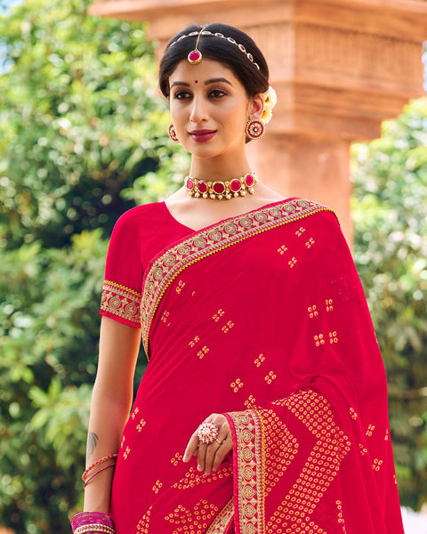 Pinkish Red Printed Georgette Bandhani Print Saree With Fancy Border
