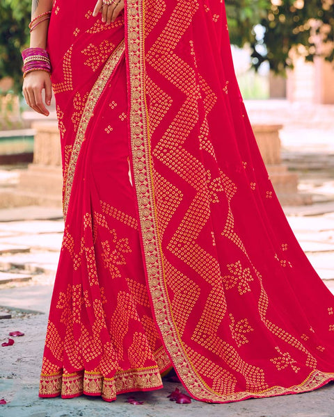 Pinkish Red Printed Georgette Bandhani Print Saree With Fancy Border