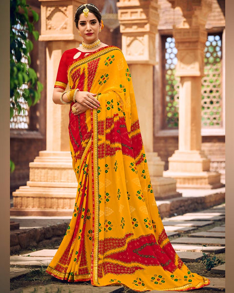 Golden Yellow Printed Georgette Bandhani Print Saree With Fancy Border