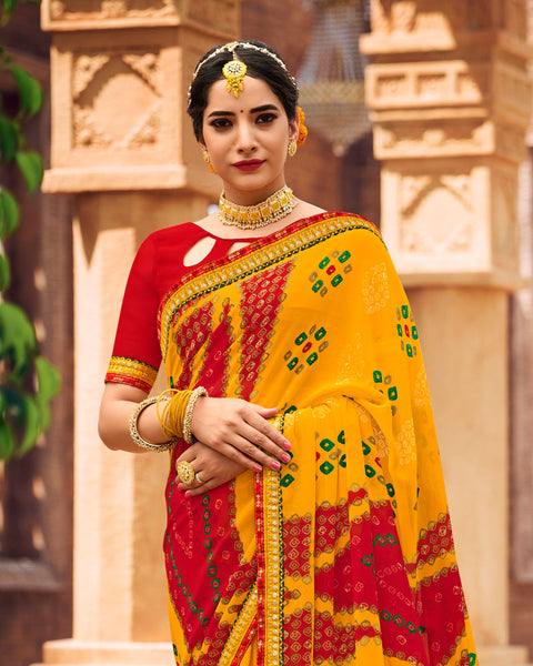 Golden Yellow Printed Georgette Bandhani Print Saree With Fancy Border