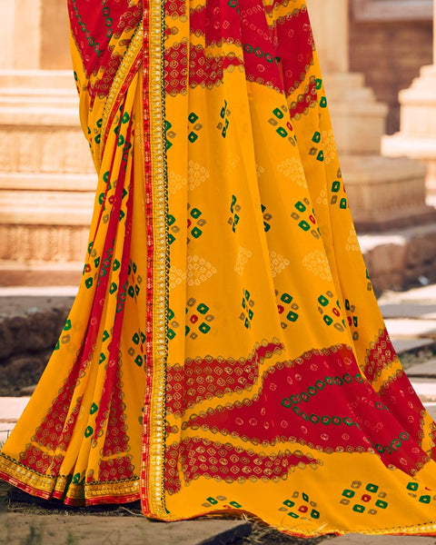 Golden Yellow Printed Georgette Bandhani Print Saree With Fancy Border