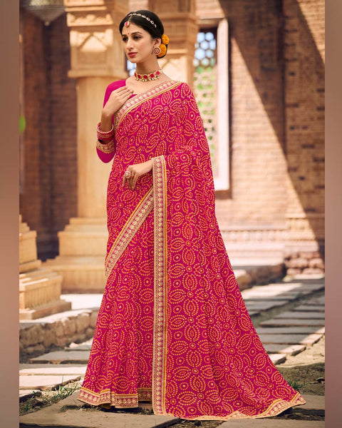 Amaranth Pink Printed Georgette Bandhani Print Saree With Fancy Border