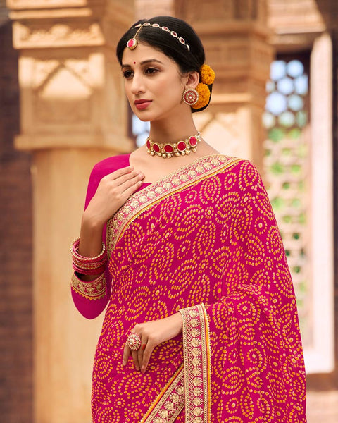 Amaranth Pink Printed Georgette Bandhani Print Saree With Fancy Border