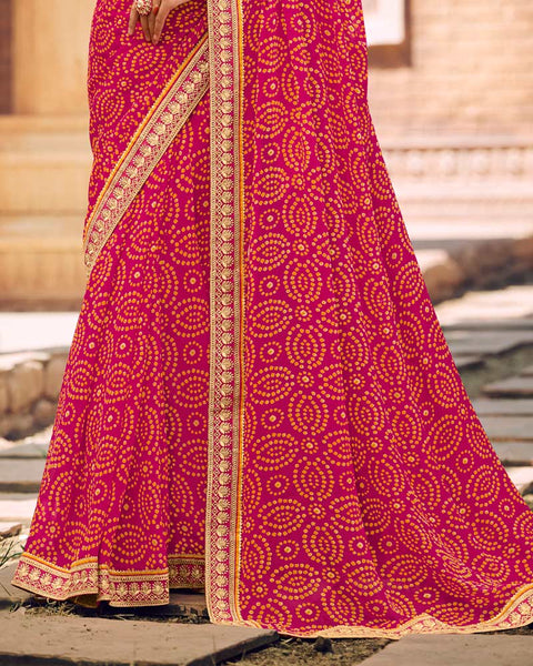 Amaranth Pink Printed Georgette Bandhani Print Saree With Fancy Border