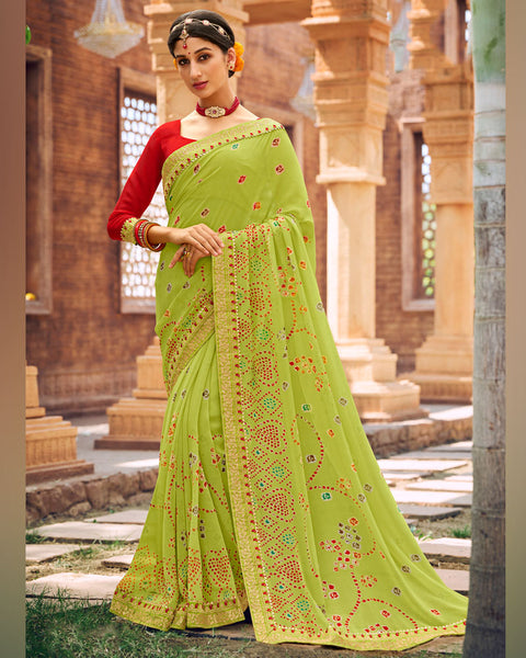 Alpine Green Printed Georgette Bandhani Print Saree With Fancy Border