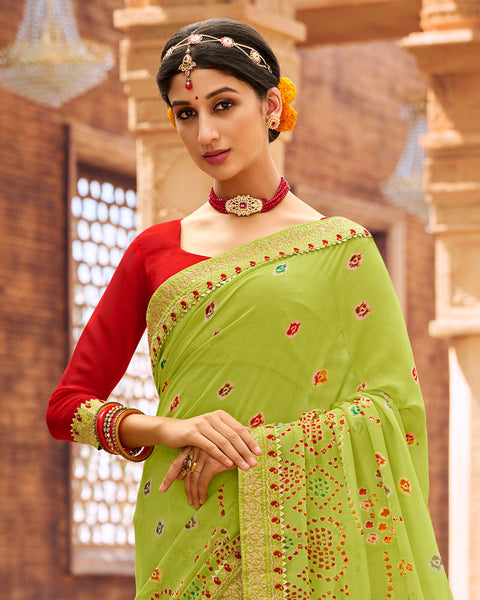 Alpine Green Printed Georgette Bandhani Print Saree With Fancy Border