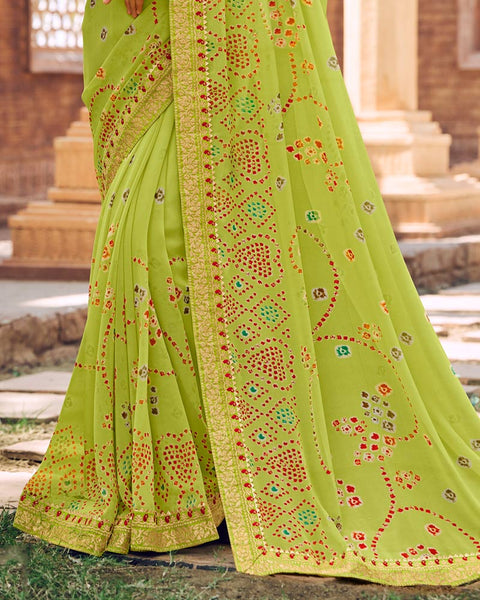 Alpine Green Printed Georgette Bandhani Print Saree With Fancy Border