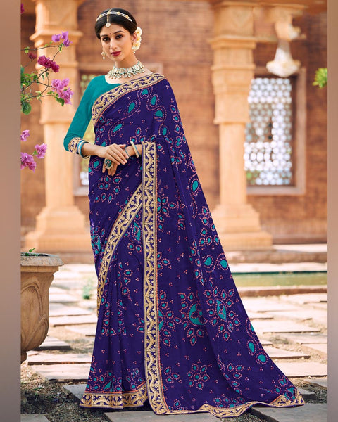 Dark Indigo Printed Georgette Bandhani Print Saree With Fancy Border