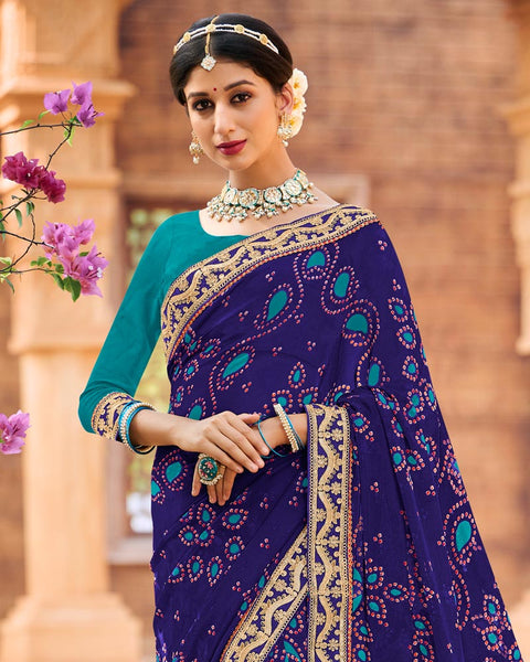 Dark Indigo Printed Georgette Bandhani Print Saree With Fancy Border
