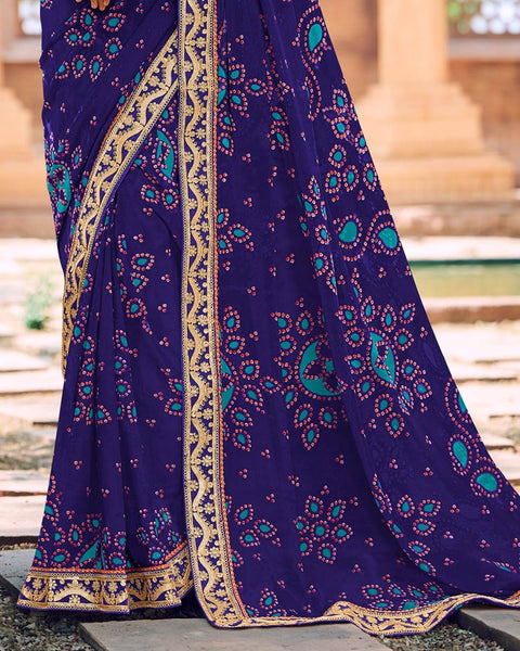 Dark Indigo Printed Georgette Bandhani Print Saree With Fancy Border