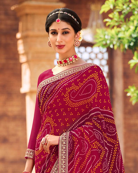 Paprika Red Printed Georgette Bandhani Print Saree With Fancy Border