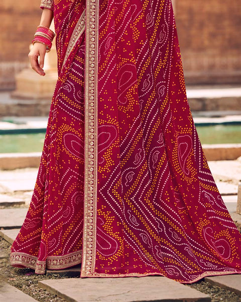 Paprika Red Printed Georgette Bandhani Print Saree With Fancy Border
