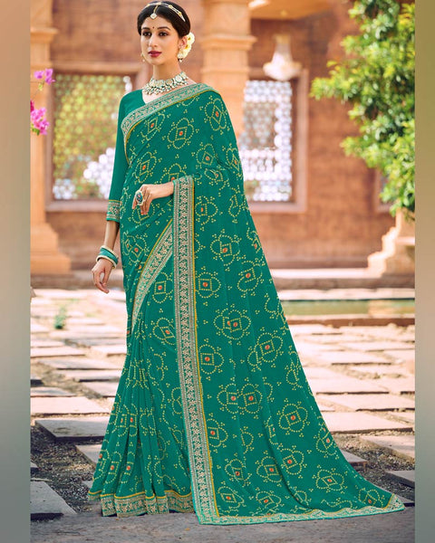 Rama Green Printed Georgette Bandhani Print Saree With Fancy Border