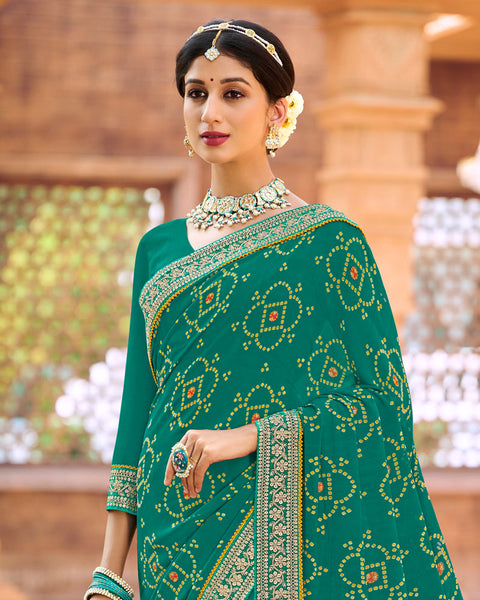 Rama Green Printed Georgette Bandhani Print Saree With Fancy Border