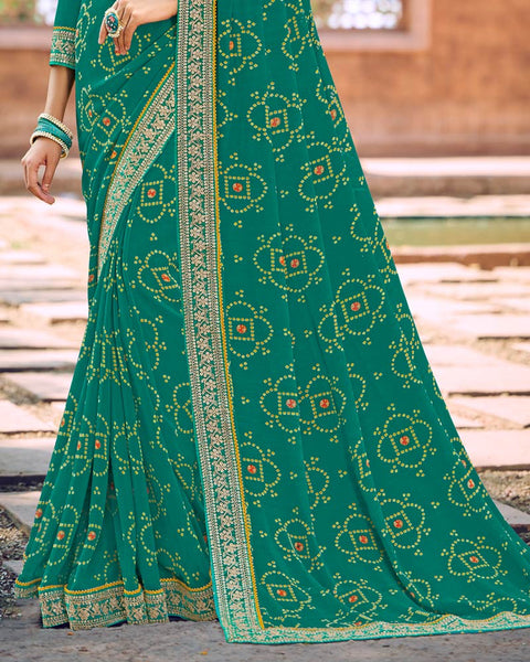 Rama Green Printed Georgette Bandhani Print Saree With Fancy Border