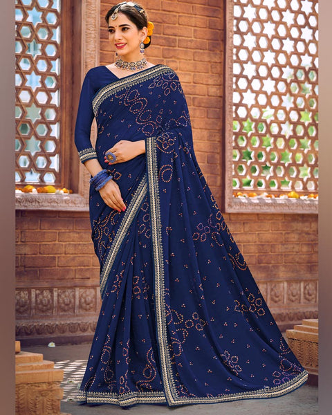 Royal Blue Printed Georgette Bandhani Print Saree With Fancy Border