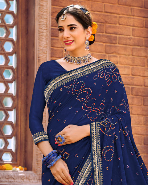 Royal Blue Printed Georgette Bandhani Print Saree With Fancy Border