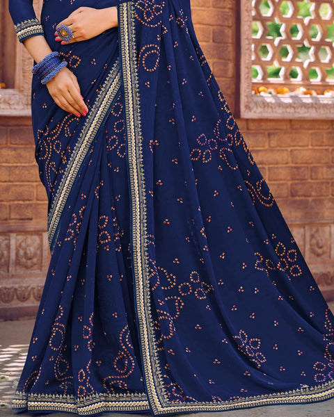 Royal Blue Printed Georgette Bandhani Print Saree With Fancy Border