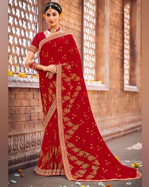 Dark Red Printed Georgette Bandhani Print Saree With Fancy Border