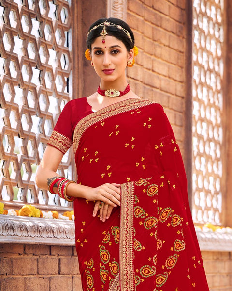 Dark Red Printed Georgette Bandhani Print Saree With Fancy Border