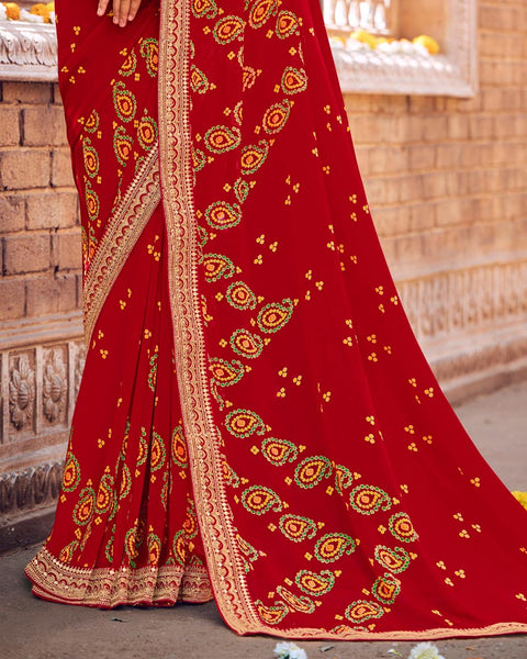 Dark Red Printed Georgette Bandhani Print Saree With Fancy Border