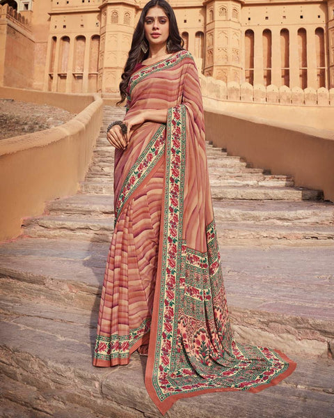 New York Pink Printed Silk Crepe Saree