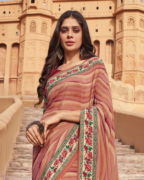 New York Pink Printed Silk Crepe Saree