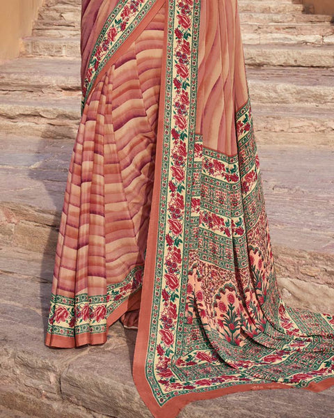New York Pink Printed Silk Crepe Saree
