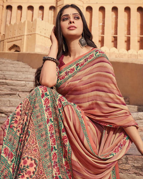New York Pink Printed Silk Crepe Saree
