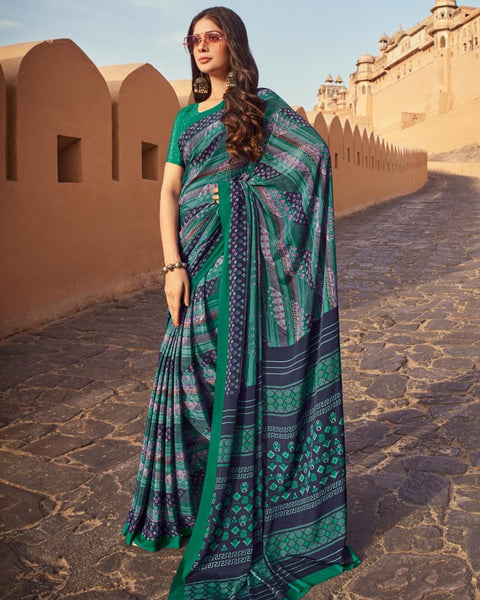 Deep Aqua Green Printed Silk Crepe Saree