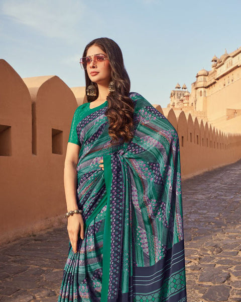 Deep Aqua Green Printed Silk Crepe Saree