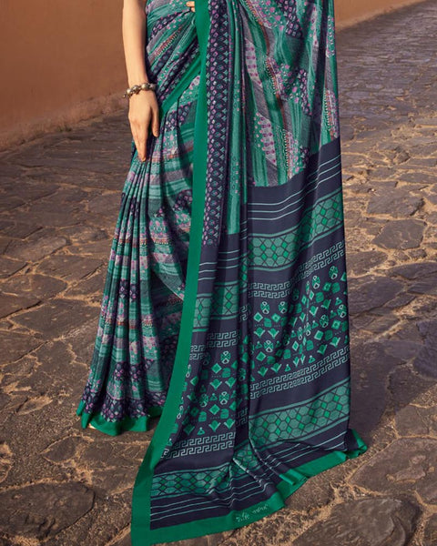 Deep Aqua Green Printed Silk Crepe Saree
