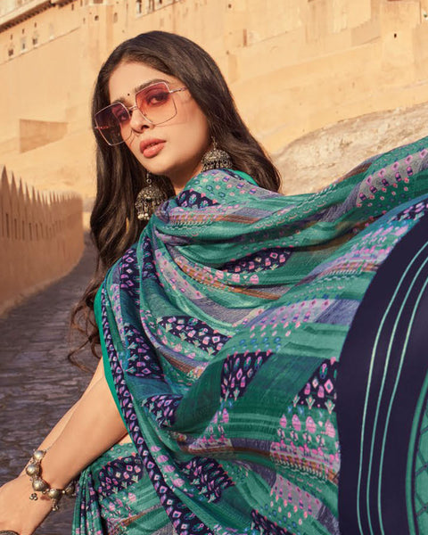 Deep Aqua Green Printed Silk Crepe Saree