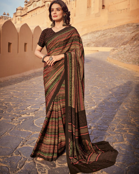 Saddle Brown Printed Silk Crepe Saree