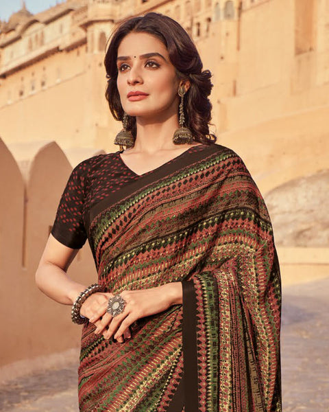 Saddle Brown Printed Silk Crepe Saree