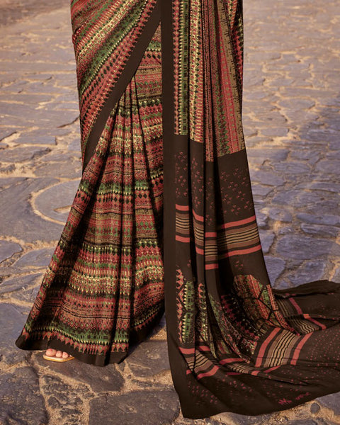Saddle Brown Printed Silk Crepe Saree
