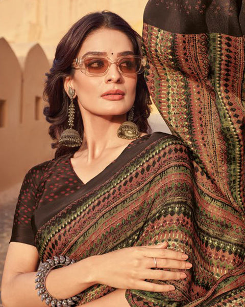Saddle Brown Printed Silk Crepe Saree