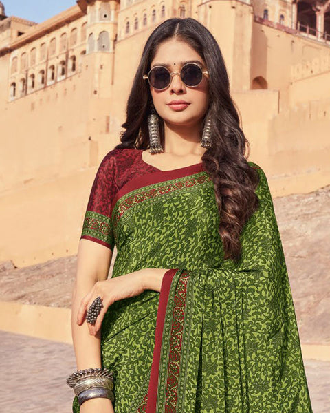 Dark Olive Green Printed Silk Crepe Saree