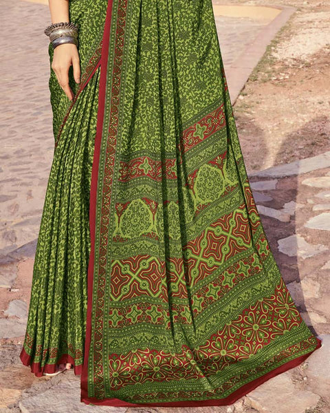 Dark Olive Green Printed Silk Crepe Saree