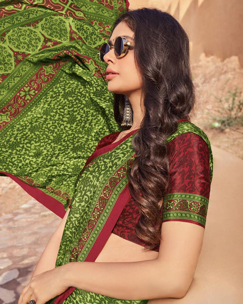 Dark Olive Green Printed Silk Crepe Saree