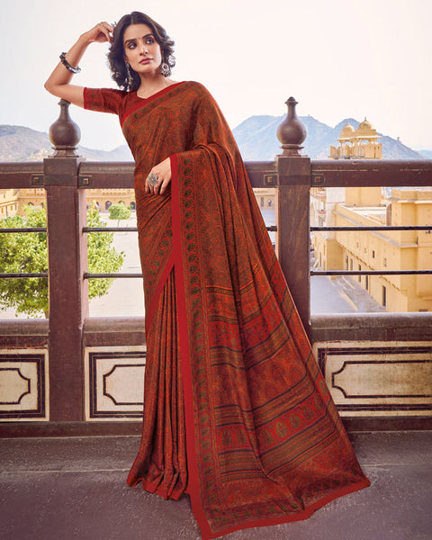 Dark Red Printed Silk Crepe Saree
