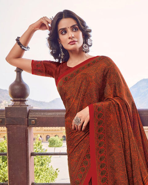 Dark Red Printed Silk Crepe Saree
